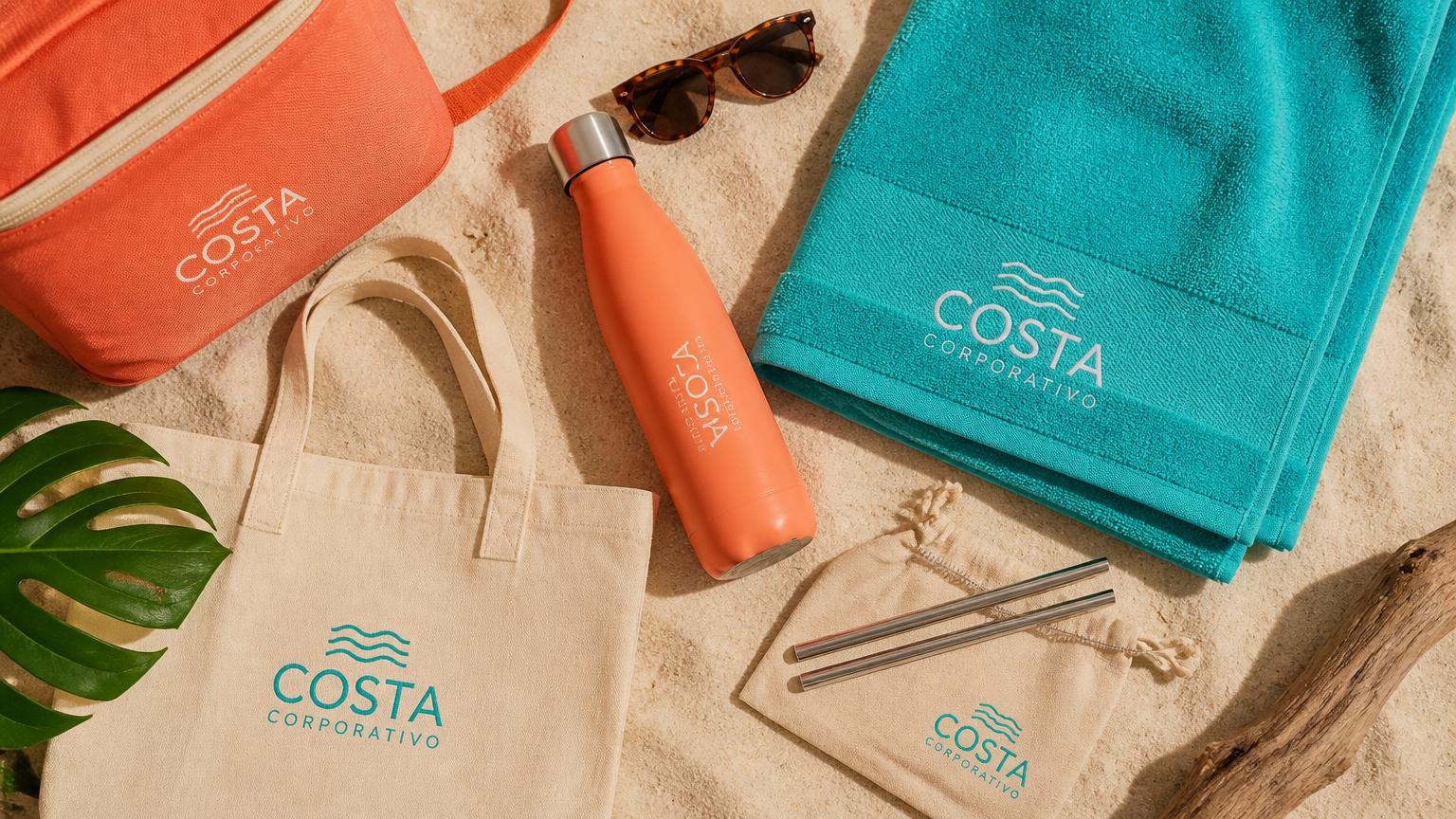 Set de regalos corporativos de verano: botella, toalla, cooler, gorra, lentes y tote bag con logo en la playa